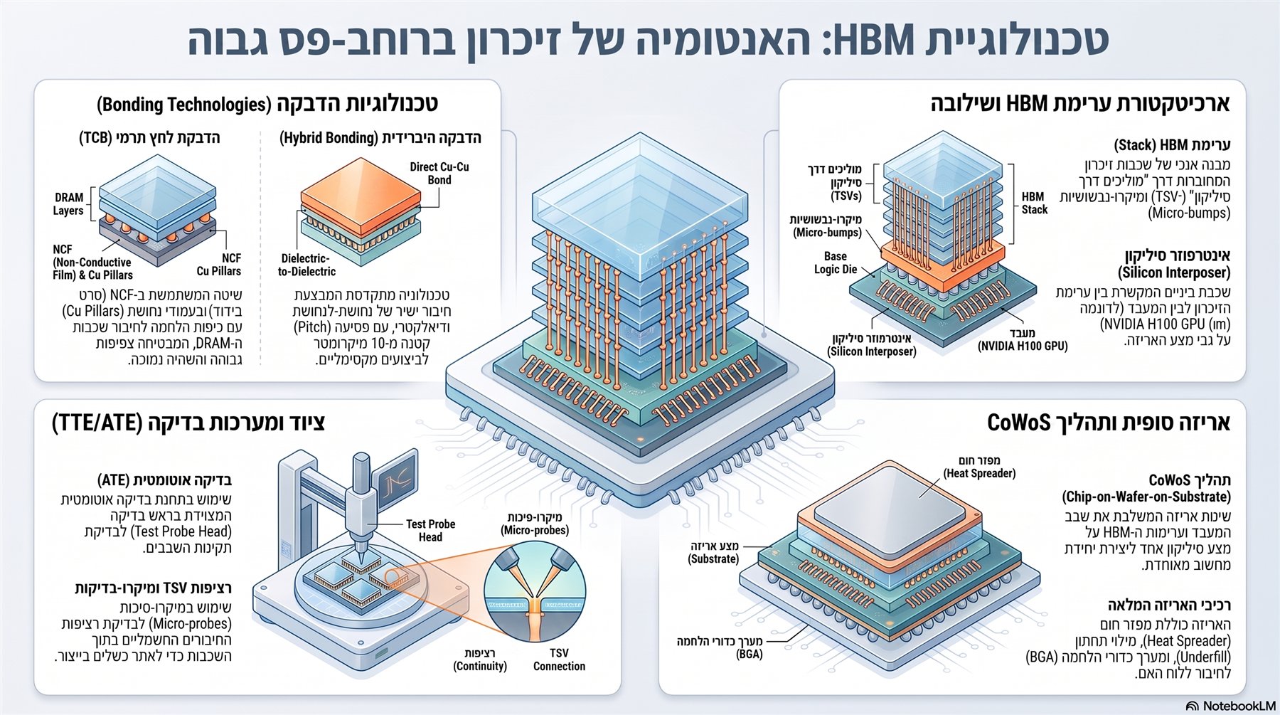 אינפוגרפיקה: האנטומיה של זיכרון HBM - השוואה בין הדבקת לחץ תרמי להדבקה היברידית, ארכיטקטורת ערימת הזיכרון, ציוד הבדיקה ותהליך האריזה